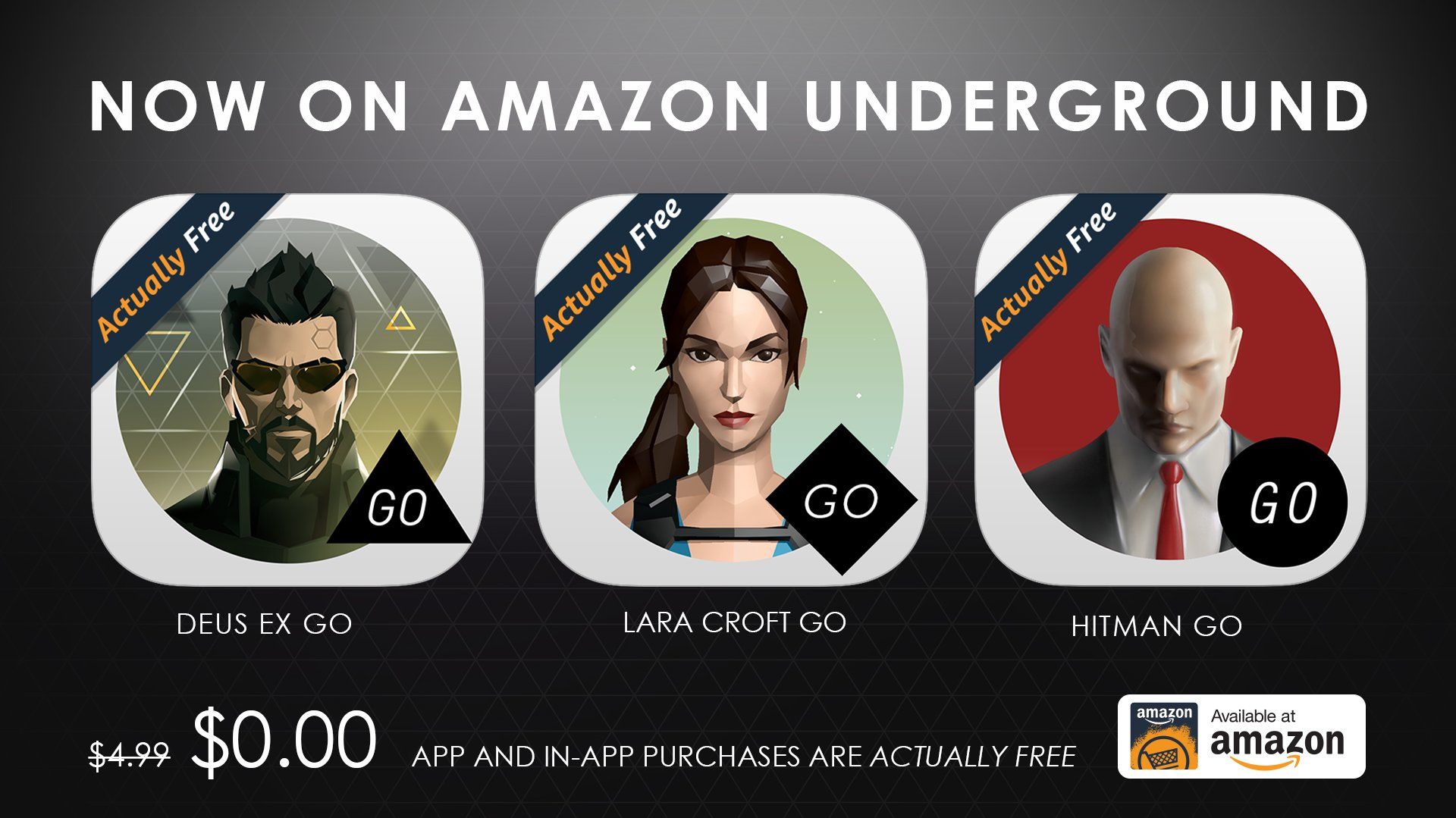 Adquiere gratuitamente Hitman Go, Deus Ex Go y Lara Croft Go desde la app Amazon Underground
